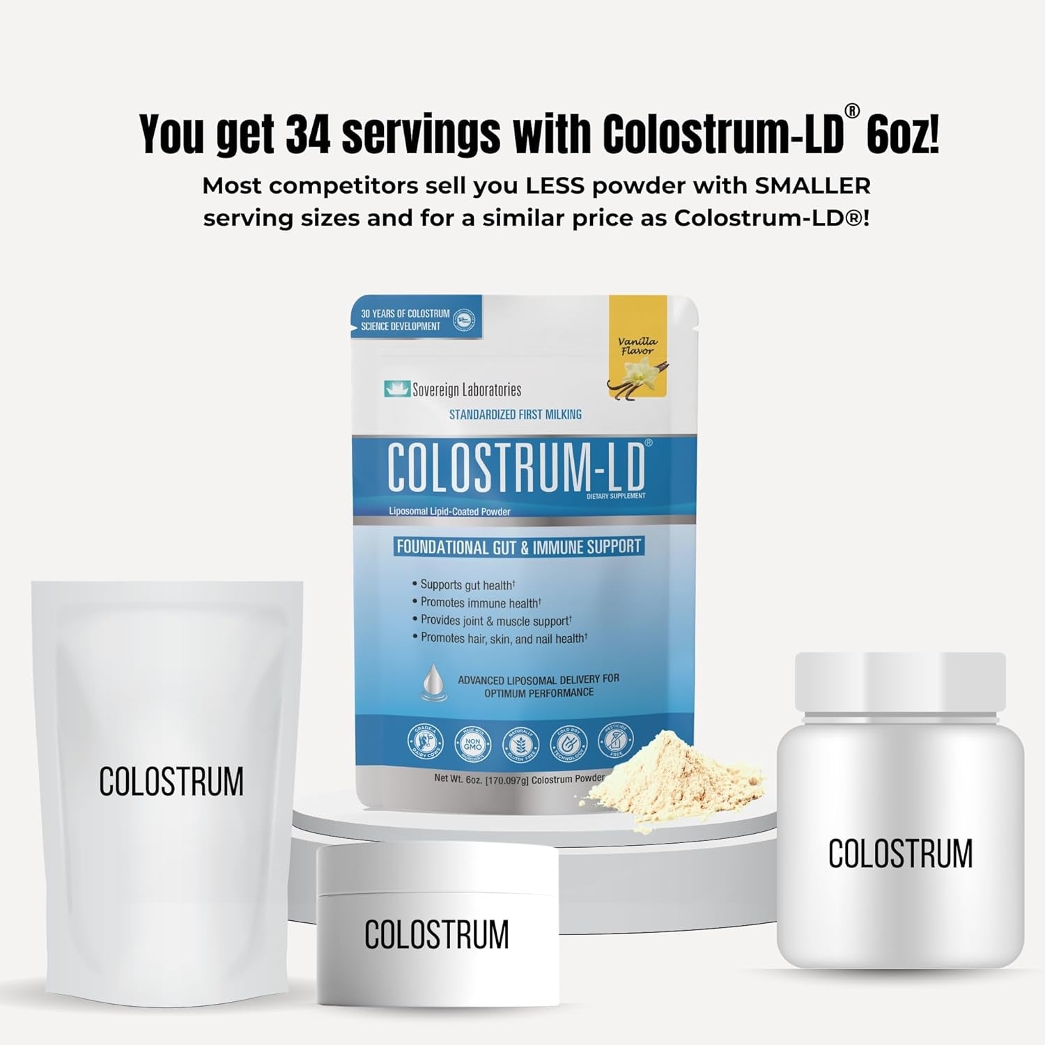 Colostrum-Ld Liposomal Delivery - Colostrum Powder - Gluten-Free, Lactose-Reduced - 34 Servings - Sovereign Laboratories - 6 Oz Vanilla