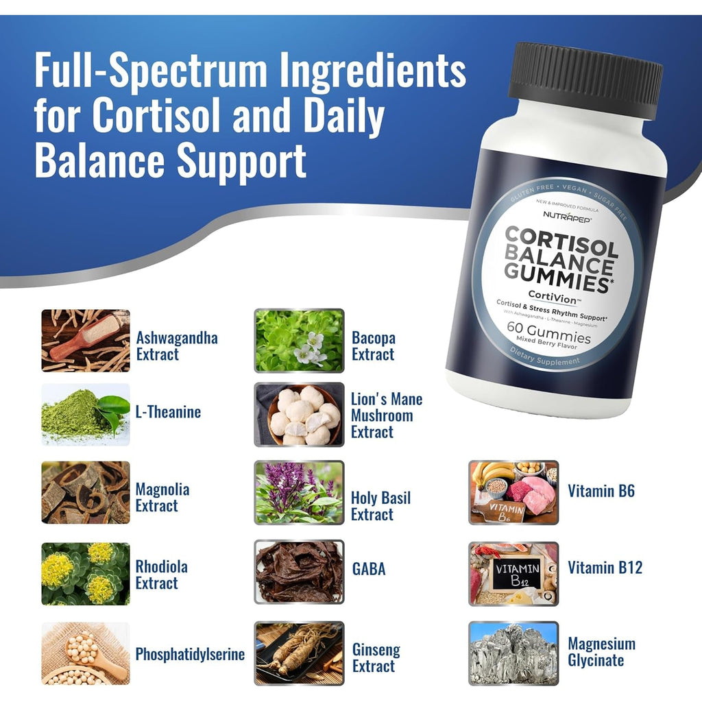 Nutrapep Cortisol Gummies for Women Men - 13-In-1 High Cortisol Reducer with Ashwagandha Magnesium L-Theanine Rhodiola Rosea - Daily Cortisol Detox Manager for Stress Focus Support - Vegan Sugar Free