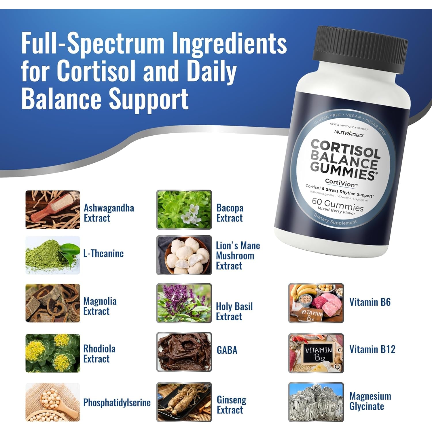 Nutrapep Cortisol Gummies for Women Men - 13-In-1 High Cortisol Reducer with Ashwagandha Magnesium L-Theanine Rhodiola Rosea - Daily Cortisol Detox Manager for Stress Focus Support - Vegan Sugar Free