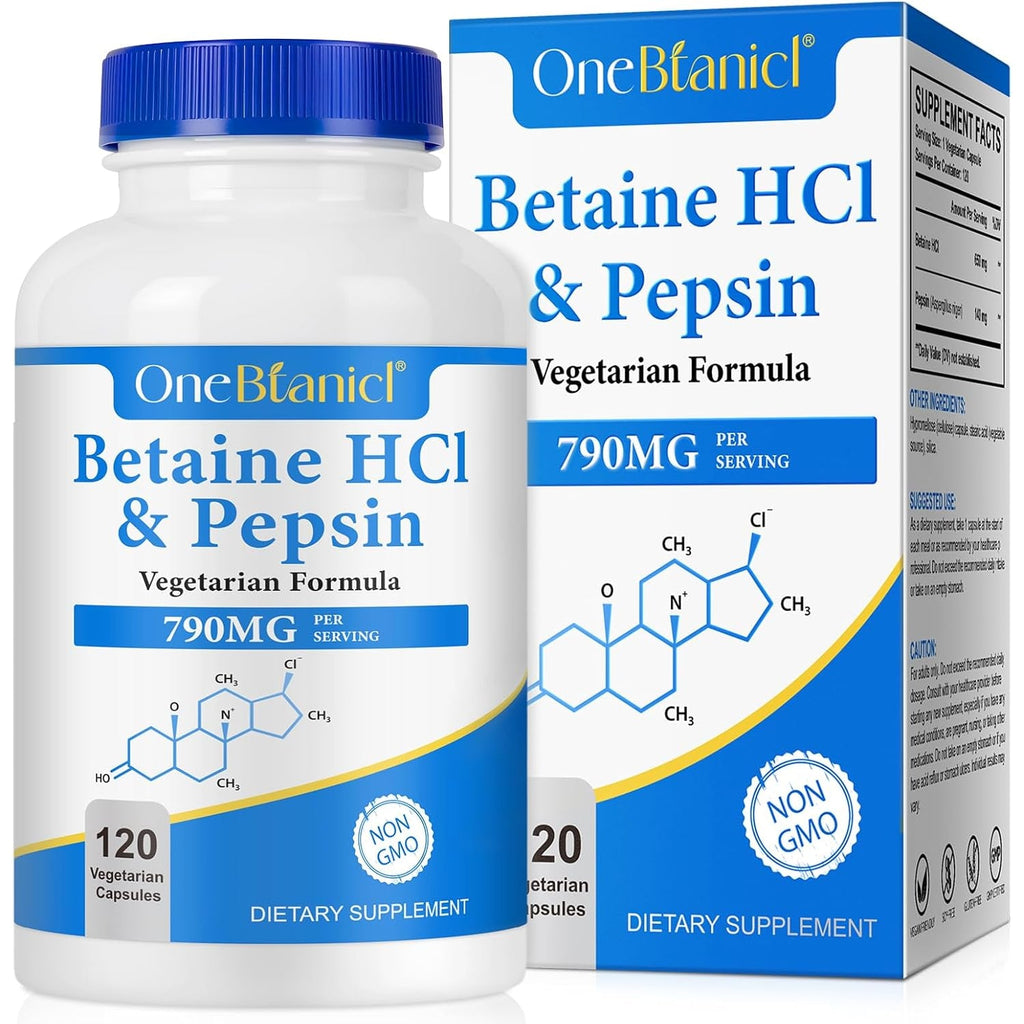 Betaine Hcl with Pepsin Digestive Enzymes Supplement, 120 Vegan Capsules, 790Mg Gluten-Free Formula for Digestive Support & Stomach Comfort, Plant-Based, Non-Gmo