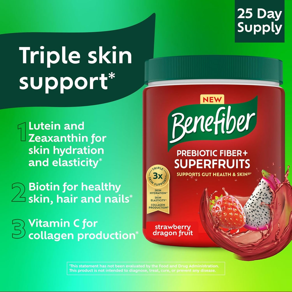 Benefiber Prebiotic GLP-1 Friendly Fiber + Superfruits Dietary Supplement, Strawberry Dragon Fruit Flavor, 8.8 Oz (250G)