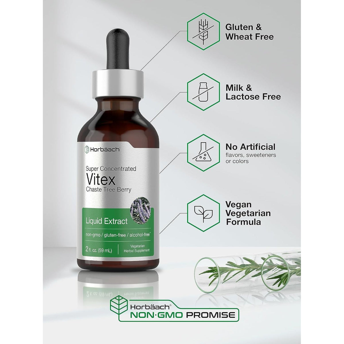 Horbäach Vitex Berry Chasteberry Extract Tincture | 2 Fl Oz | Super Concentrated Liquid | Alcohol Free Chaste Tree Berry Supplement | Vegetarian, Non-Gmo, Gluten Free