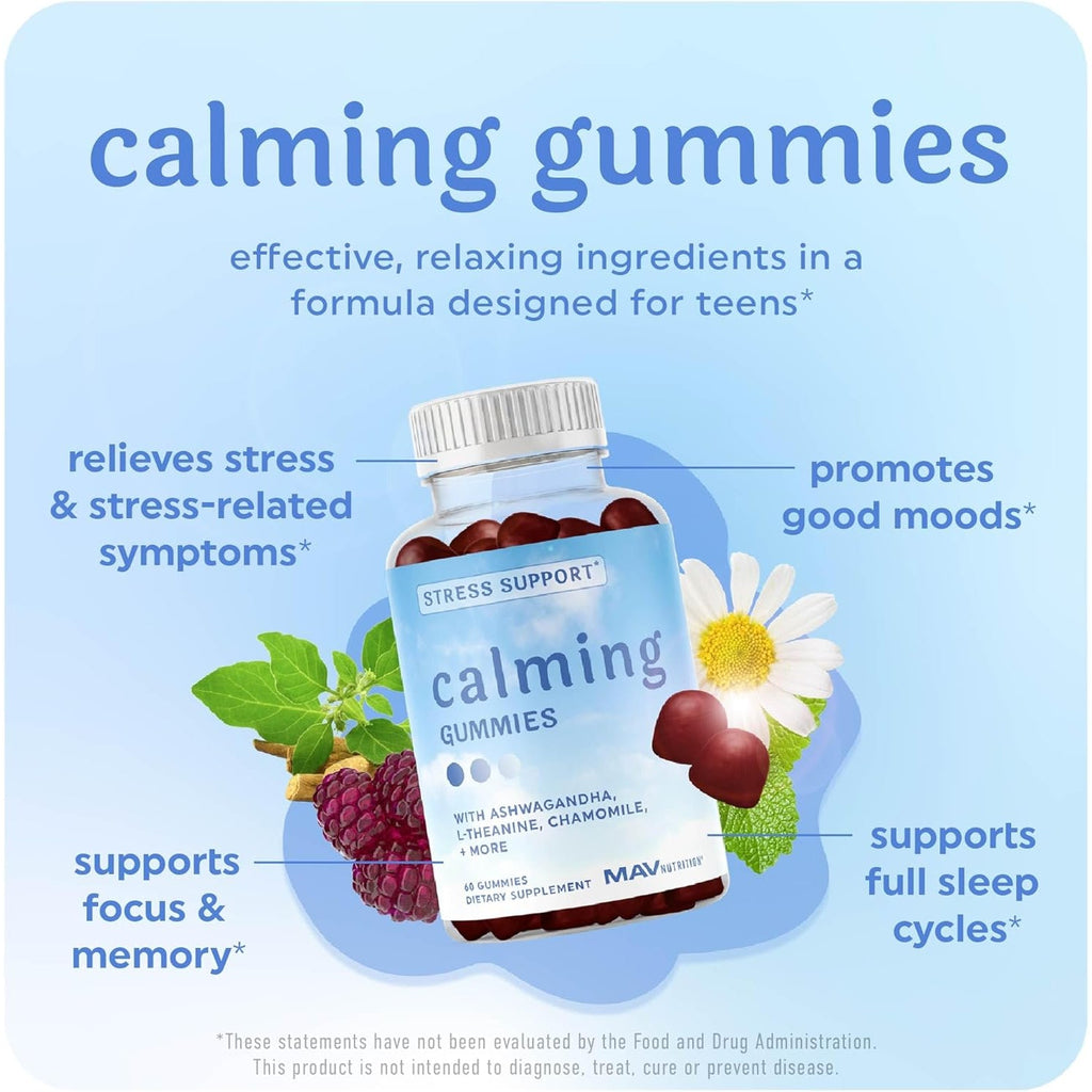 Calming Ashwagandha Gummies for Teens | Stress Relief Supplement with Theanine, GABA, Chamomile & Lemon Balm Calm Sleep Gummies | Natural Raspberry Flavor, Non-Gmo, Third-Party Tested | 60 Ct