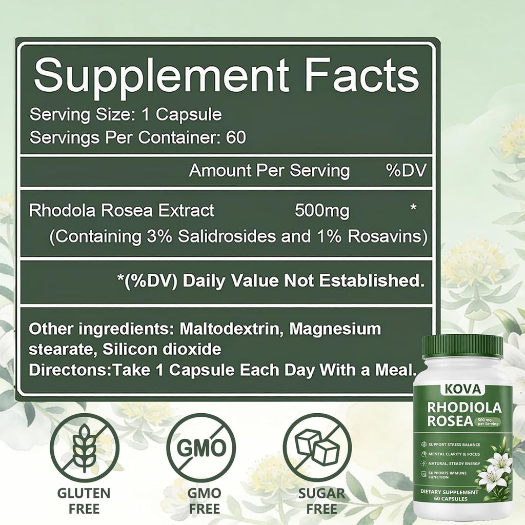 Wuliao KOVA Rhodiola Rosea Capsules, Rhodiola Rosea Extract Supplement for Balanced Cortisol - Stress & Focus Support, Metabolism, Energy & Immune Health – 60 Capsules (1)