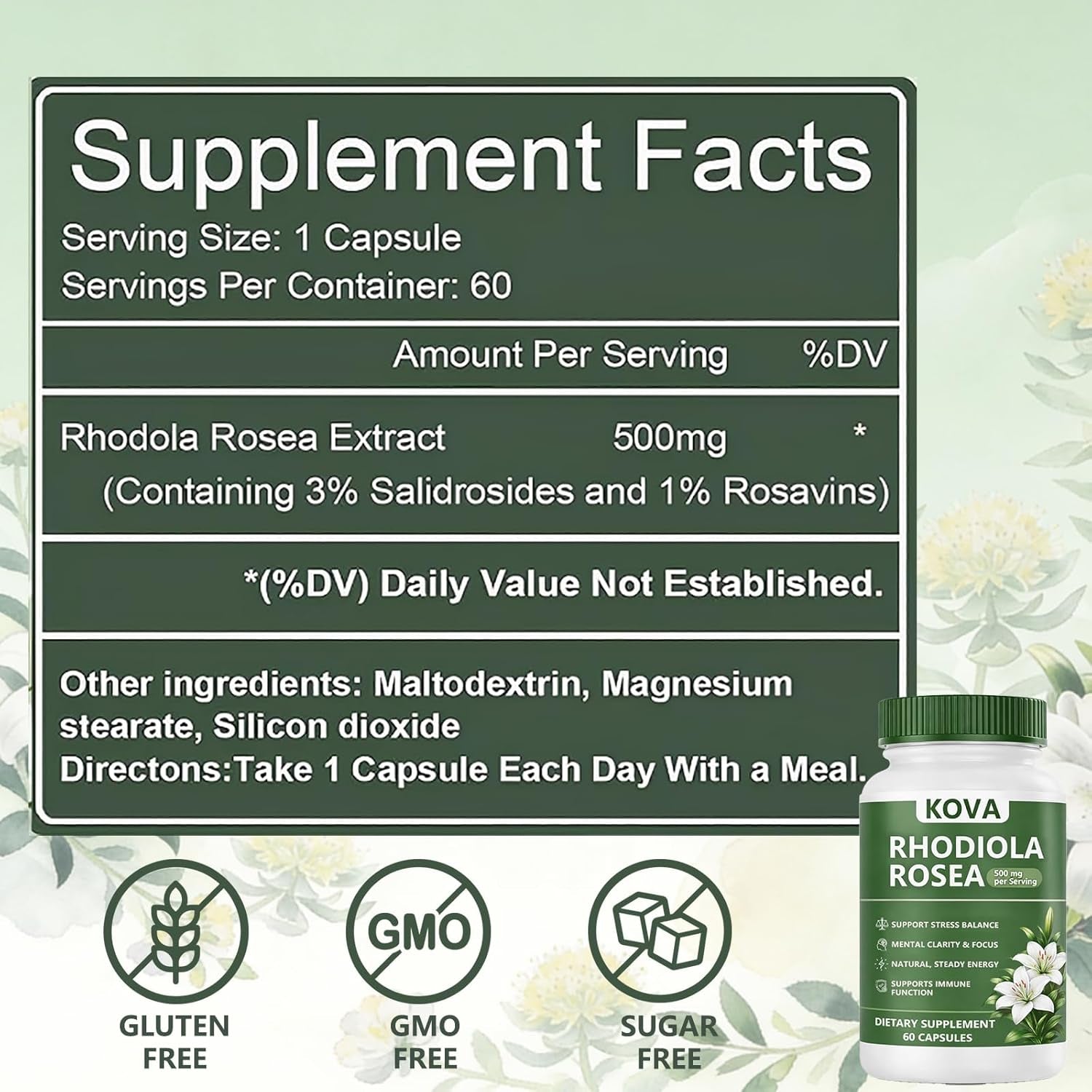 Wuliao KOVA Rhodiola Rosea Capsules, Rhodiola Rosea Extract Supplement for Balanced Cortisol - Stress & Focus Support, Metabolism, Energy & Immune Health – 60 Capsules (1)