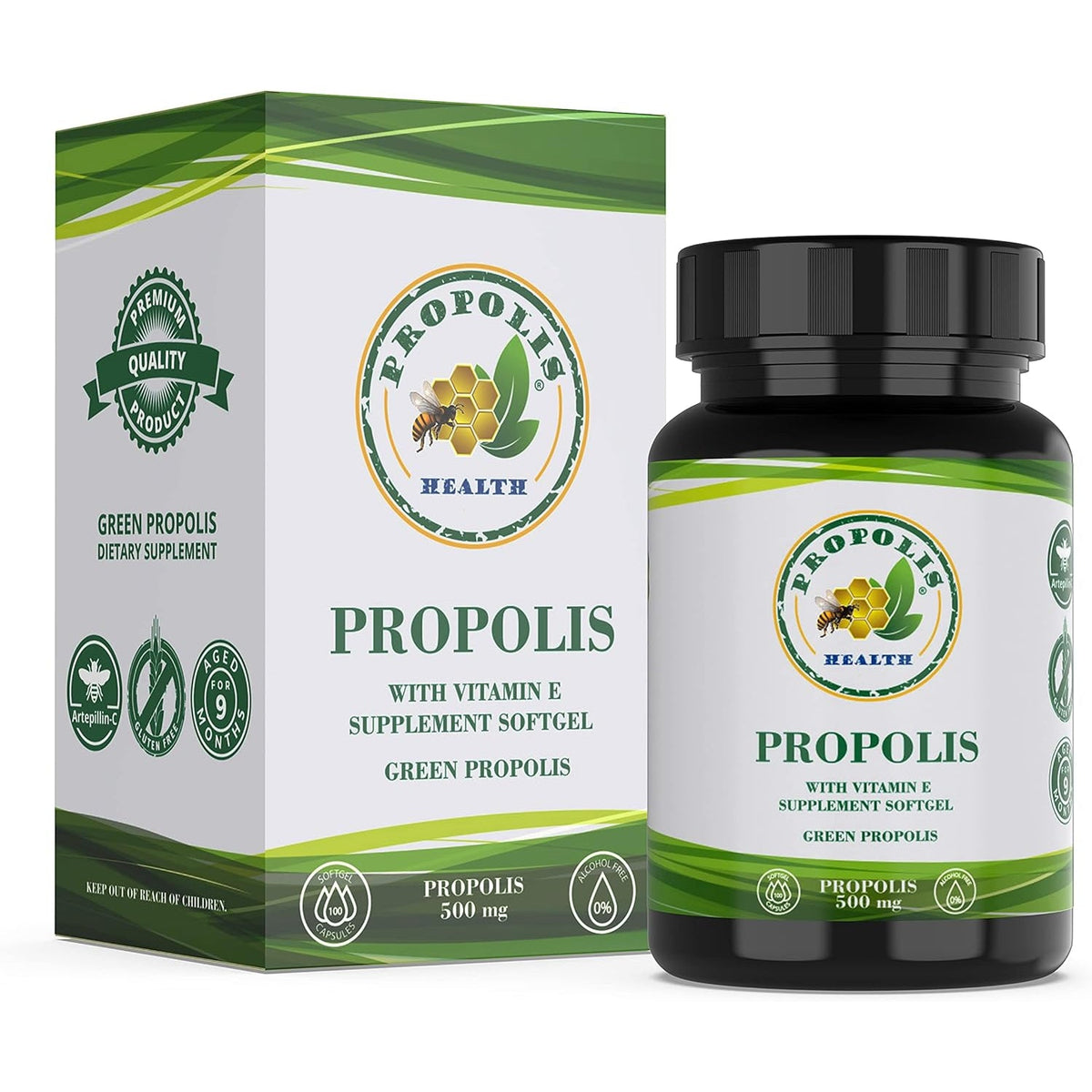 Propolis Health Propolis Capsules 1000Mg-Daily with Vitamin E per Dose - Pure Brazilian Green Propolis Extract - Immune Booster 50 Days Supply -100 Capsules
