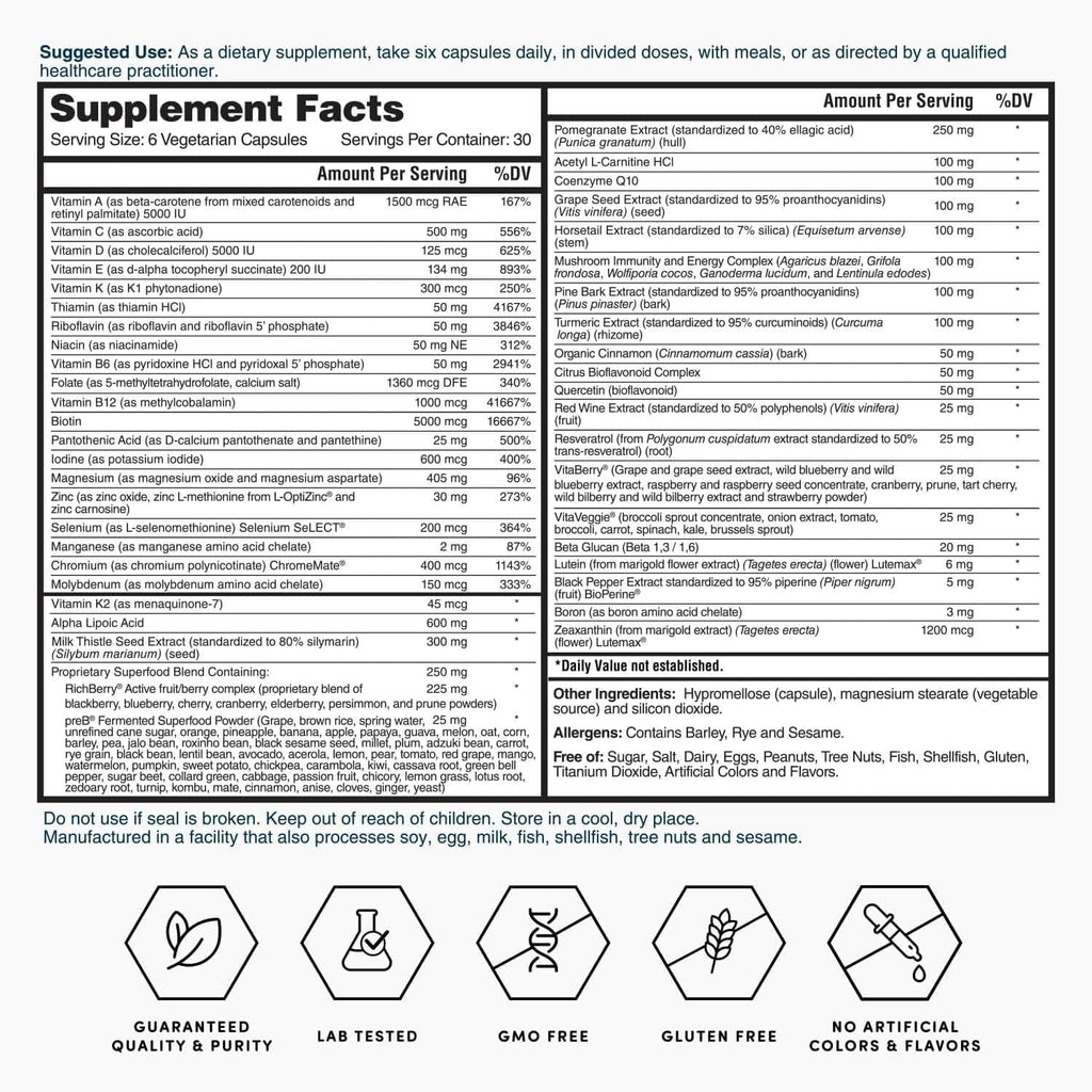 Nature'S Lab Six Daily Advanced Multivitamin - over 90 Nutrients, Minerals, Antioxidants, Herbs & Whole Foods - 180 Capsules (30 Day Supply)