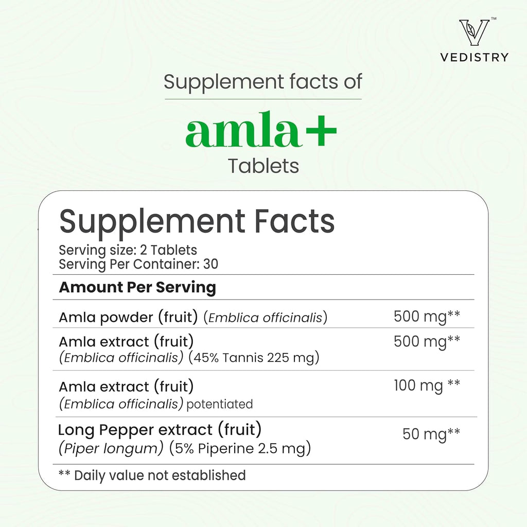 Vedistry Amla Supplement 1100Mg Indian Gooseberry Tablet with Long Pepper for Immunity & Energy Herbal Supplement Rich in Vitamin C & Antioxidant for Hair Growth, Energy & Overall Wellness– 60 Tablets