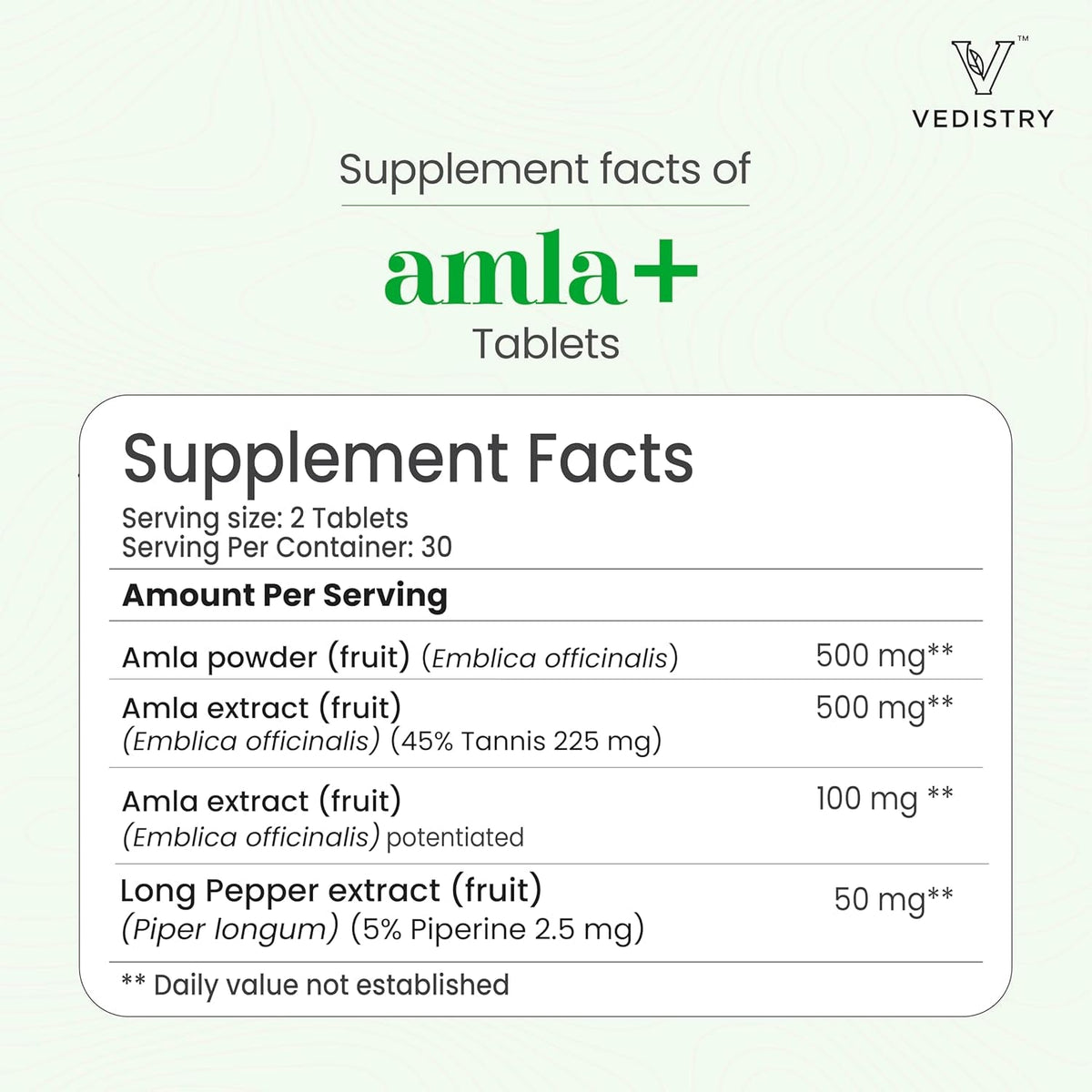 Vedistry Amla Supplement 1100Mg Indian Gooseberry Tablet with Long Pepper for Immunity & Energy Herbal Supplement Rich in Vitamin C & Antioxidant for Hair Growth, Energy & Overall Wellness– 60 Tablets
