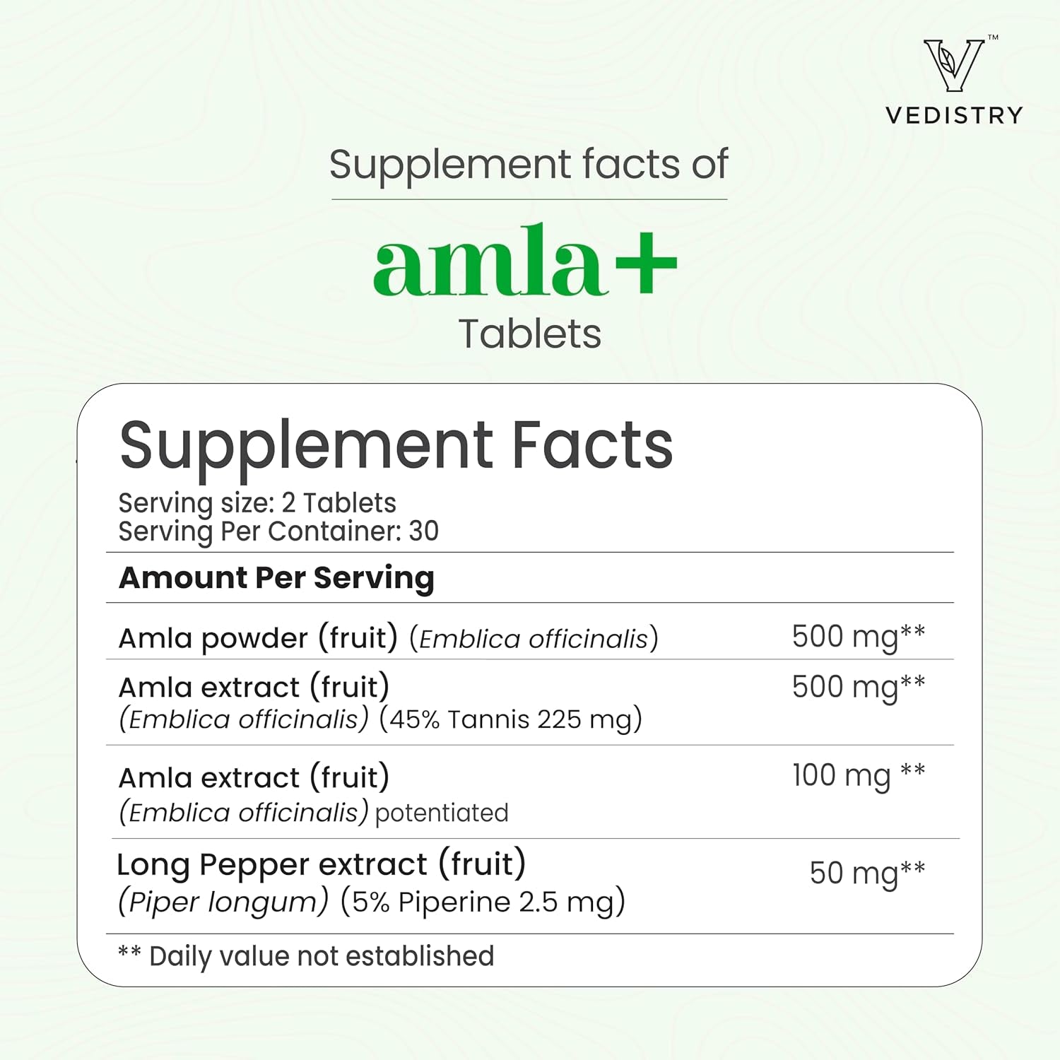 Vedistry Amla Supplement 1100Mg Indian Gooseberry Tablet with Long Pepper for Immunity & Energy Herbal Supplement Rich in Vitamin C & Antioxidant for Hair Growth, Energy & Overall Wellness– 60 Tablets