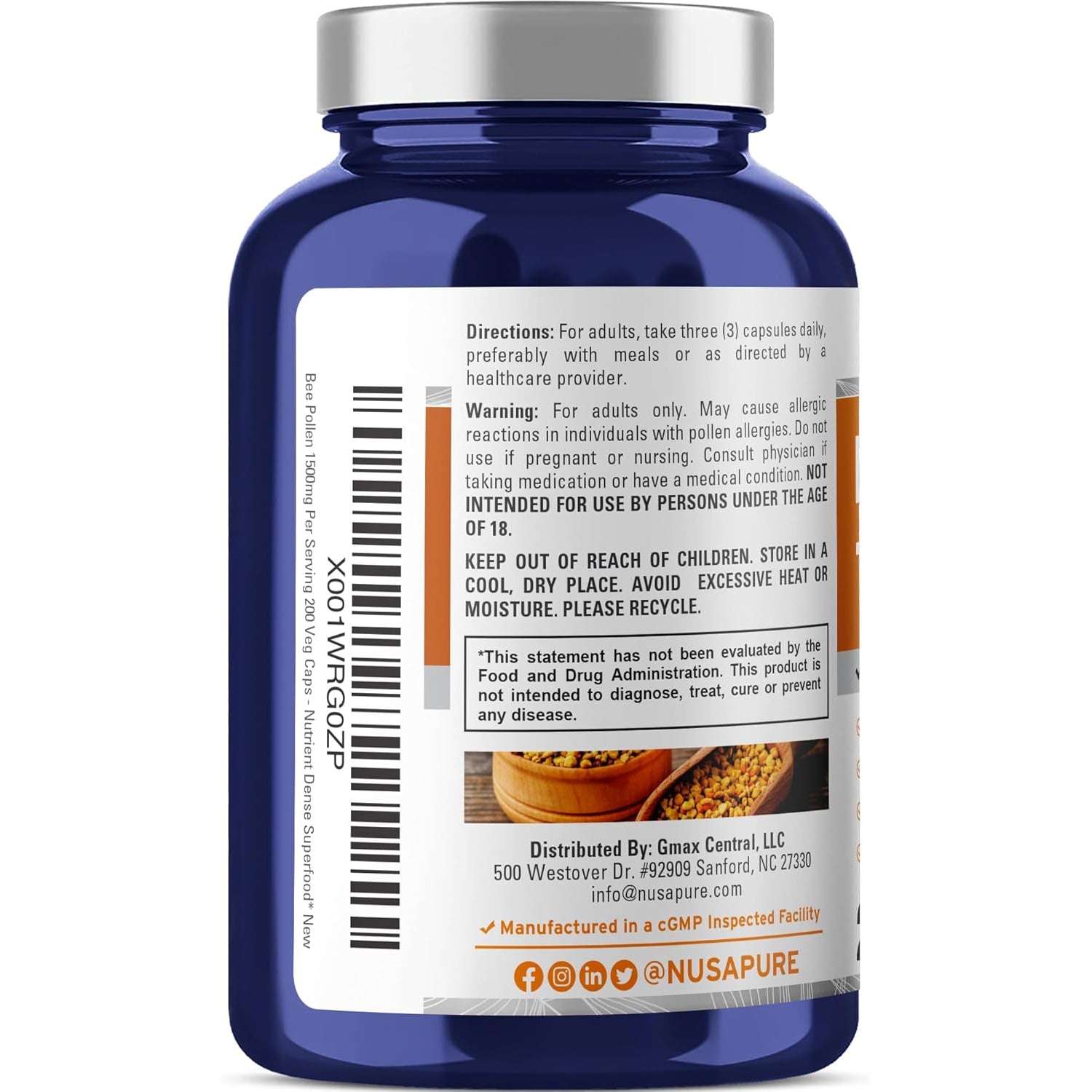 Nusapure Bee Pollen 1500Mg 200 Veggie Caps (100% Vegetarian, Non-Gmo, Vegan) Naturally Occurring Proteins, Aminoacids