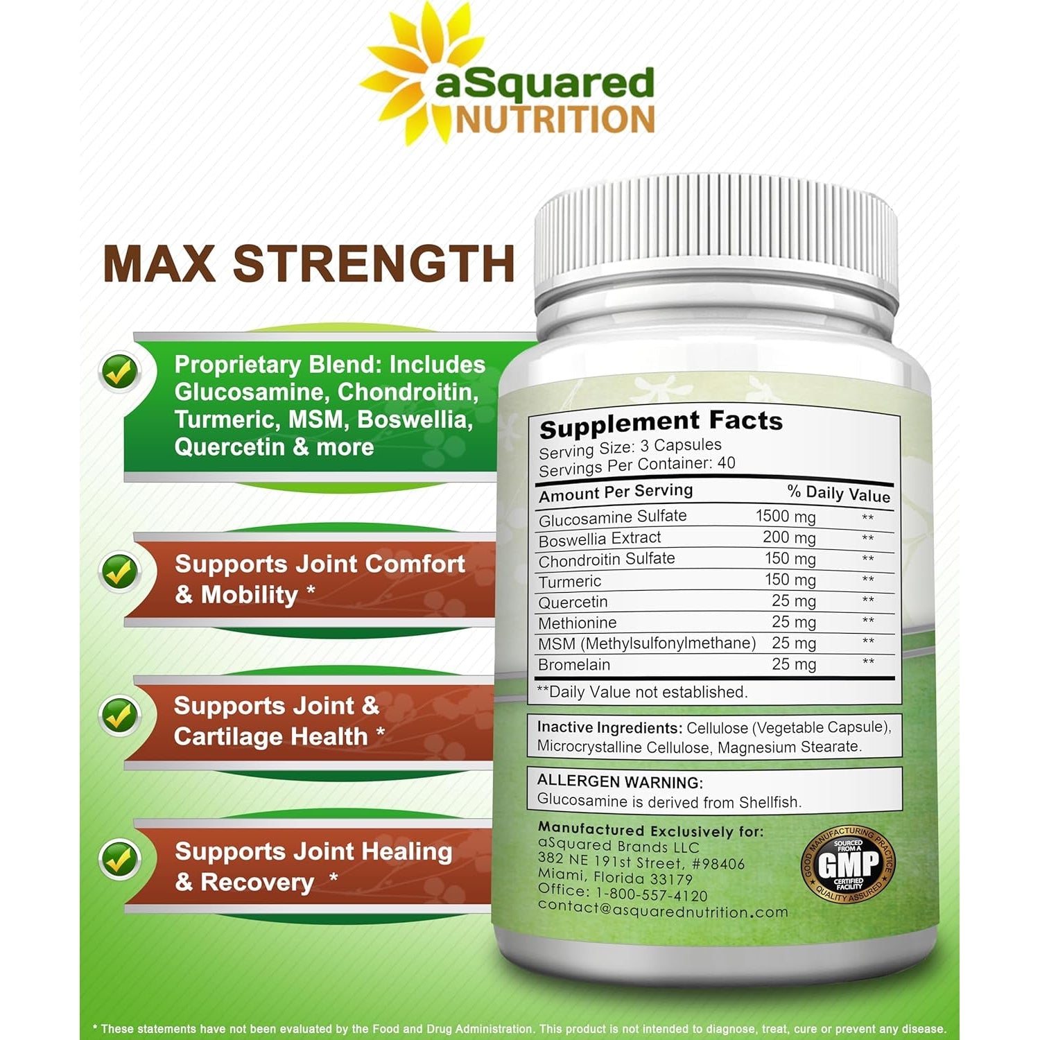 Asquared Nutrition Glucosamine Chondroitin Turmeric MSM Boswellia - 120 Capsules - Joint Support Supplement - Joint Support Relief Pills for Health - Natural Supplement for Back, Knee & Hands