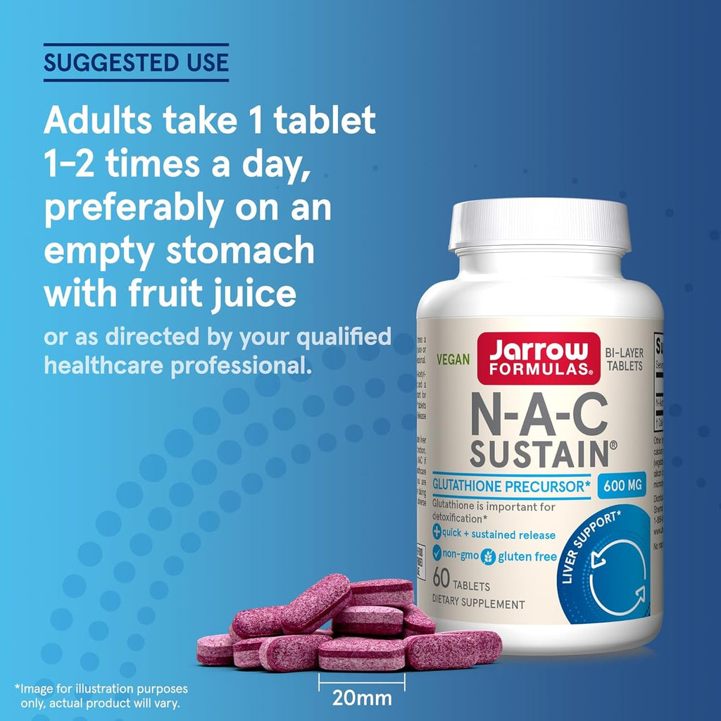 Jarrow Formulas N-A-C Sustain 600 Mg, Dietary Supplement, NAC 600 Mg, an Antioxidant Amino Acid Support for Liver Health, 60 Tablets, 60 Day Supply