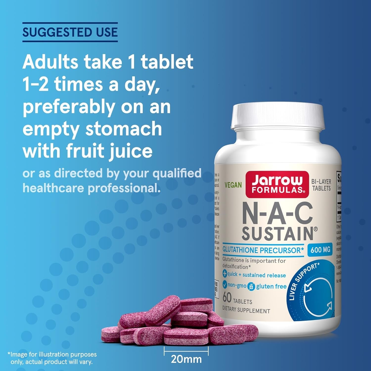 Jarrow Formulas N-A-C Sustain 600 Mg, Dietary Supplement, NAC 600 Mg, an Antioxidant Amino Acid Support for Liver Health, 60 Tablets, 60 Day Supply