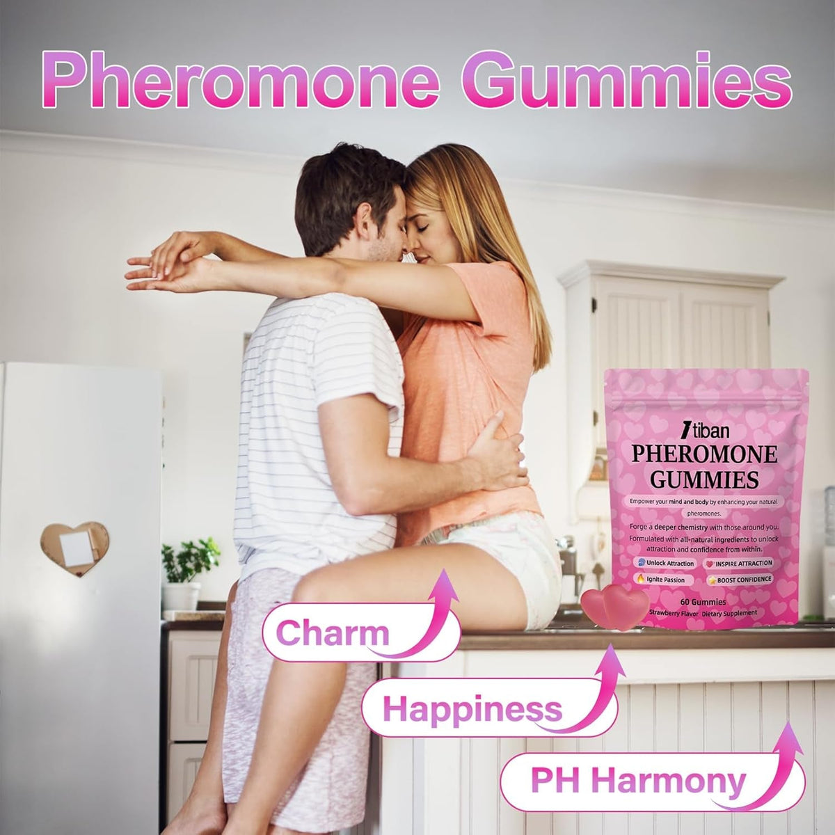 Pheromone Gummies for Her, Women Slippery Elm, Enhance Charm, Supports Balance, Confidence & Social Vibe, Vegan, Non-Gmo, Gluten-Free, Strawberry Flavor, 60 Gummies