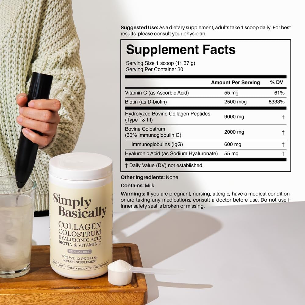 Colostrum & Collagen Peptides Powder with Biotin, Hyaluronic Acid & Vitamin C | Gut Health & Bloating, Immune Support, Hair, Skin & Nails Supplement | Unflavored | 30 Servings