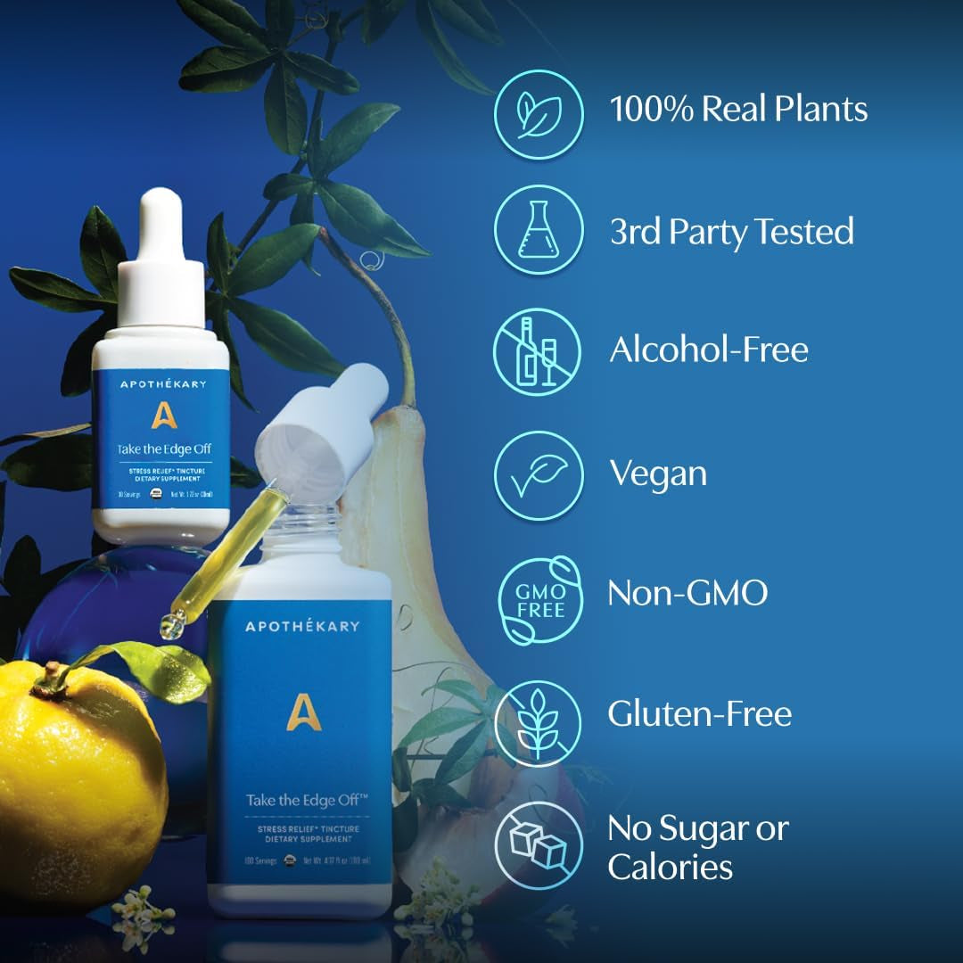 Apothékary Take the Edge Off, Helps Ease Stress & Tension, Alcohol-Free White Wine-Inspired Herbal Liquid Drops, Made with Passionflower Flower, Skullcap & Oatstraw Leaf, 1 Fl Oz, 30 Servings