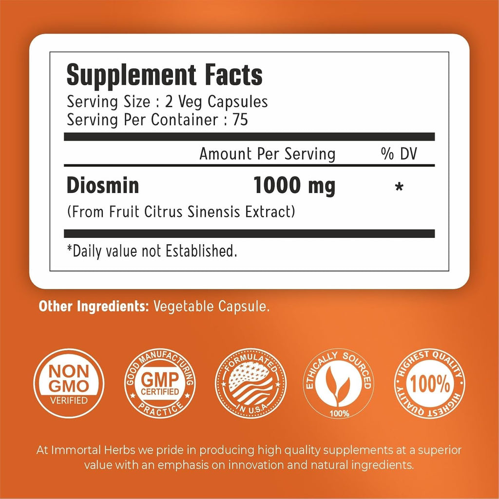 Pure Diosmin 1000Mg Complex Formula, 150 Capsules, Citrus Bioflavonoids Rich Fruit Extract, 100% Vegetarian, Non-Gmo & Gluten Free Diosmin Supplement