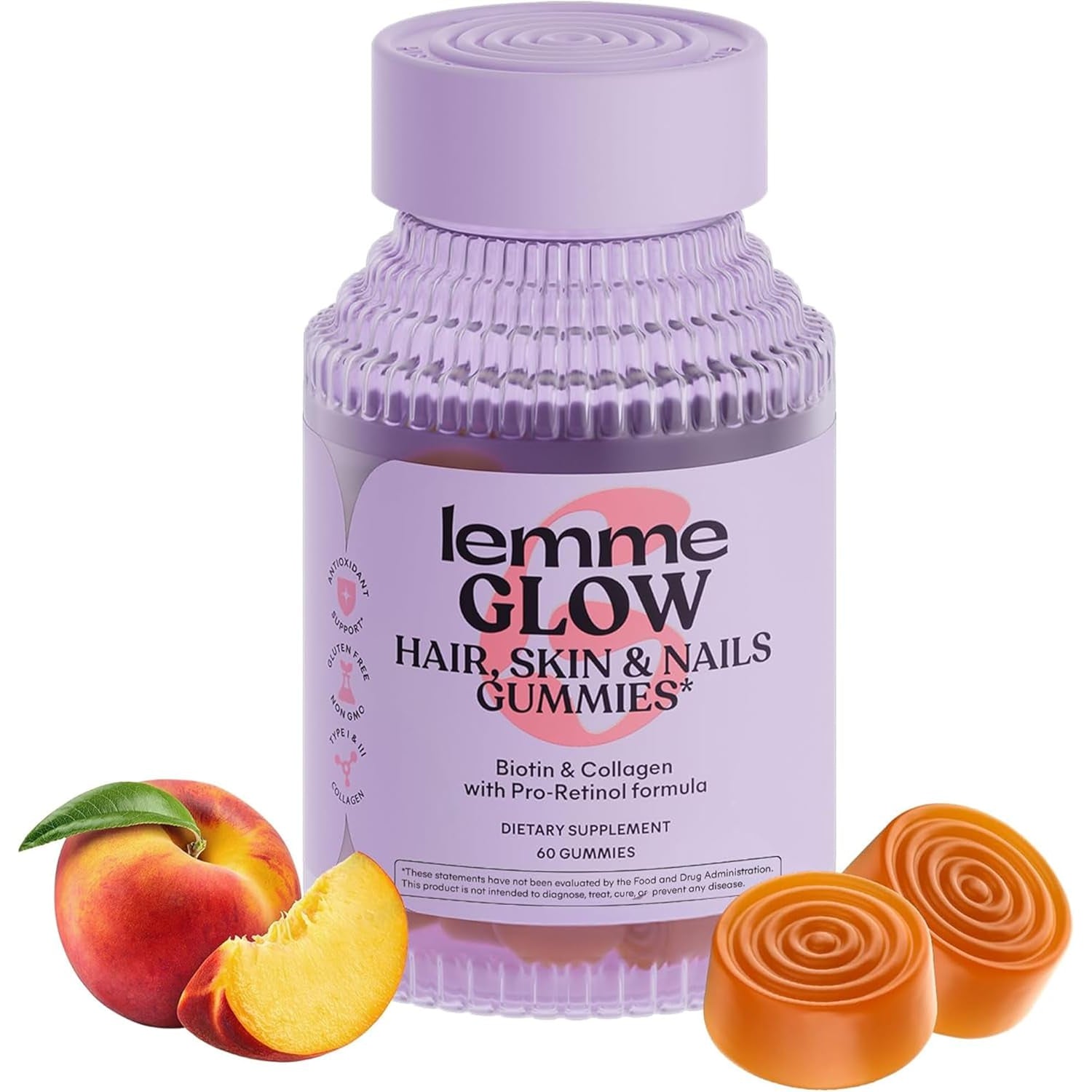 Lemme Glow Collagen Gummies for Thick Hair, Strong Nails & Healthy Skin with Multi-Collagen Peptides, Biotin, Trace Minerals, Zinc, Vitamins A, C & E, Dairy & Gluten Free, Peach Flavor, 60 Ct.