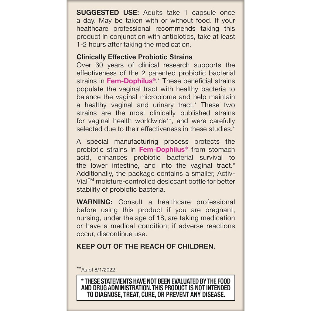 Jarrow Formulas Fem-Dophilus Vaginal Probiotics 1 Billion CFU with 2 Science-Backed Strains, Dietary Supplement for Vaginal & Urinary Tract Support, 60 Capsules, 60 Day Supply, Shelf-Stable Probiotics