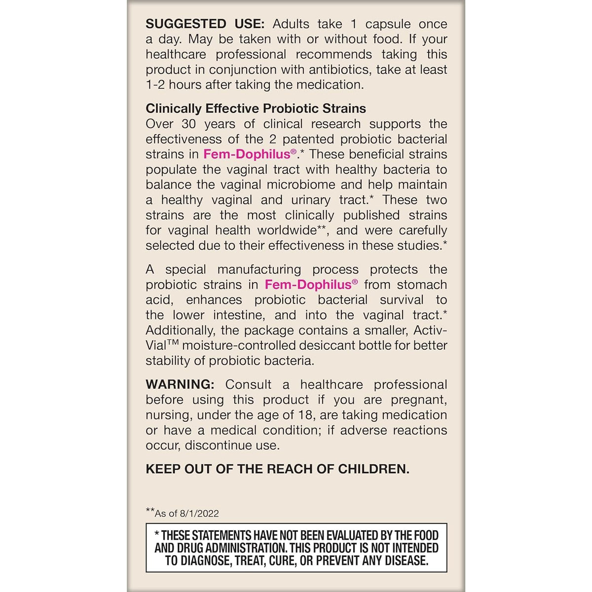 Jarrow Formulas Fem-Dophilus Vaginal Probiotics 1 Billion CFU with 2 Science-Backed Strains, Dietary Supplement for Vaginal & Urinary Tract Support, 60 Capsules, 60 Day Supply, Shelf-Stable Probiotics