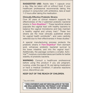 Jarrow Formulas Fem-Dophilus Vaginal Probiotics 1 Billion CFU with 2 Science-Backed Strains, Dietary Supplement for Vaginal & Urinary Tract Support, 60 Capsules, 60 Day Supply, Shelf-Stable Probiotics