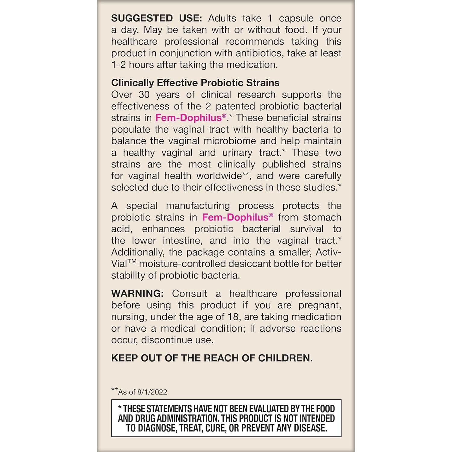 Jarrow Formulas Fem-Dophilus Vaginal Probiotics 1 Billion CFU with 2 Science-Backed Strains, Dietary Supplement for Vaginal & Urinary Tract Support, 60 Capsules, 60 Day Supply, Shelf-Stable Probiotics