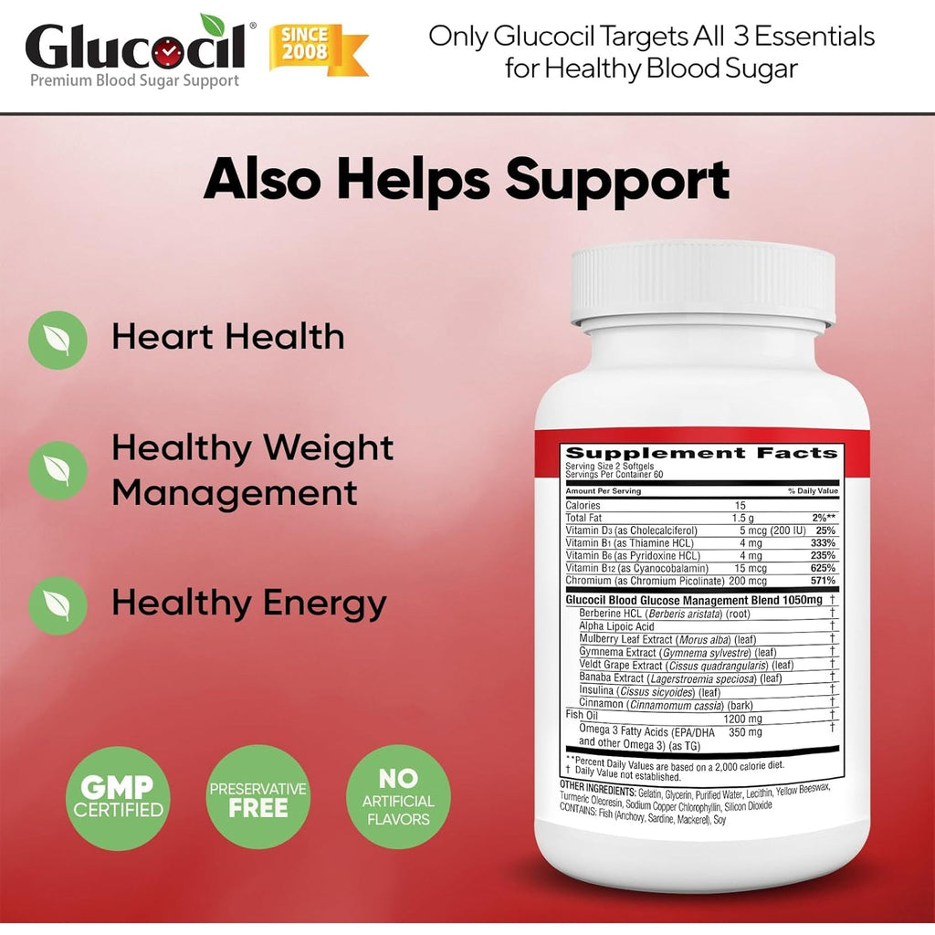 Glucocil – Softgels - Premium Blood Sugar Support - over 2 Million Bottles Sold - Supports the 3 Essentials for Healthy Blood Sugar - since 2008, with Berberine, Proprietary Mulberry Leaf, and More