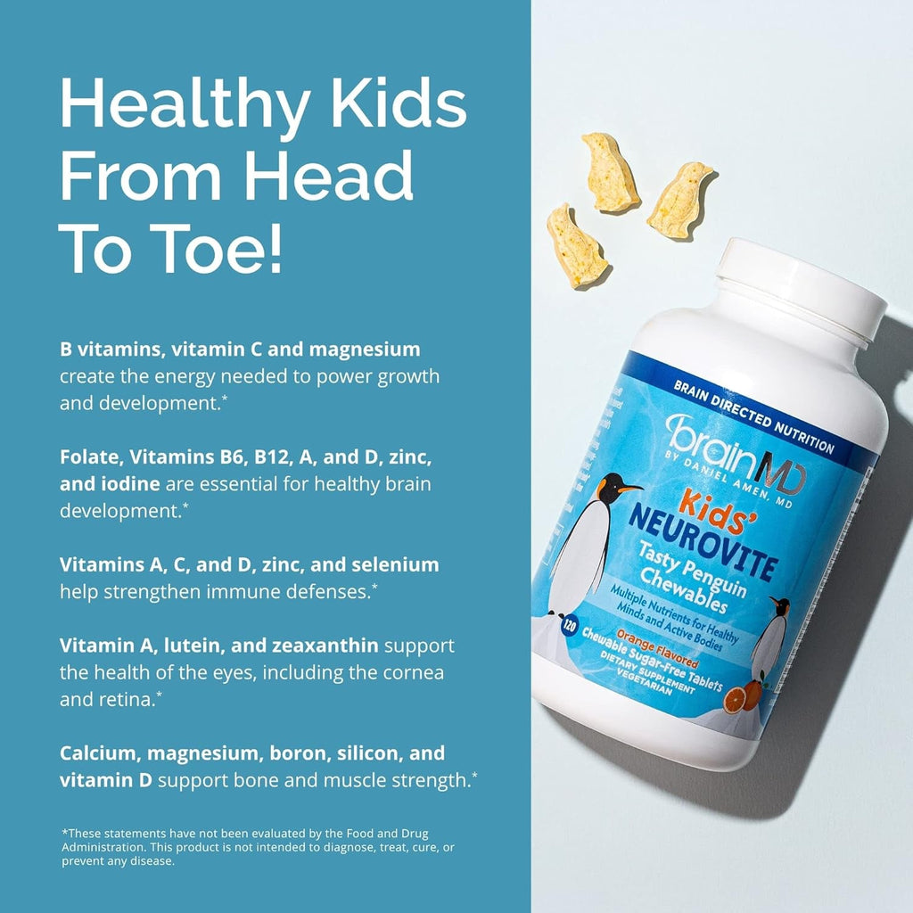 BRAINMD Dr Amen Kids’ Neurovite, Orange Flavor - 120 Penguin-Shaped Chewables - Multivitamin & Mineral Supplement - Promotes Healthy Development & Growth - Gluten Free - 60 Servings