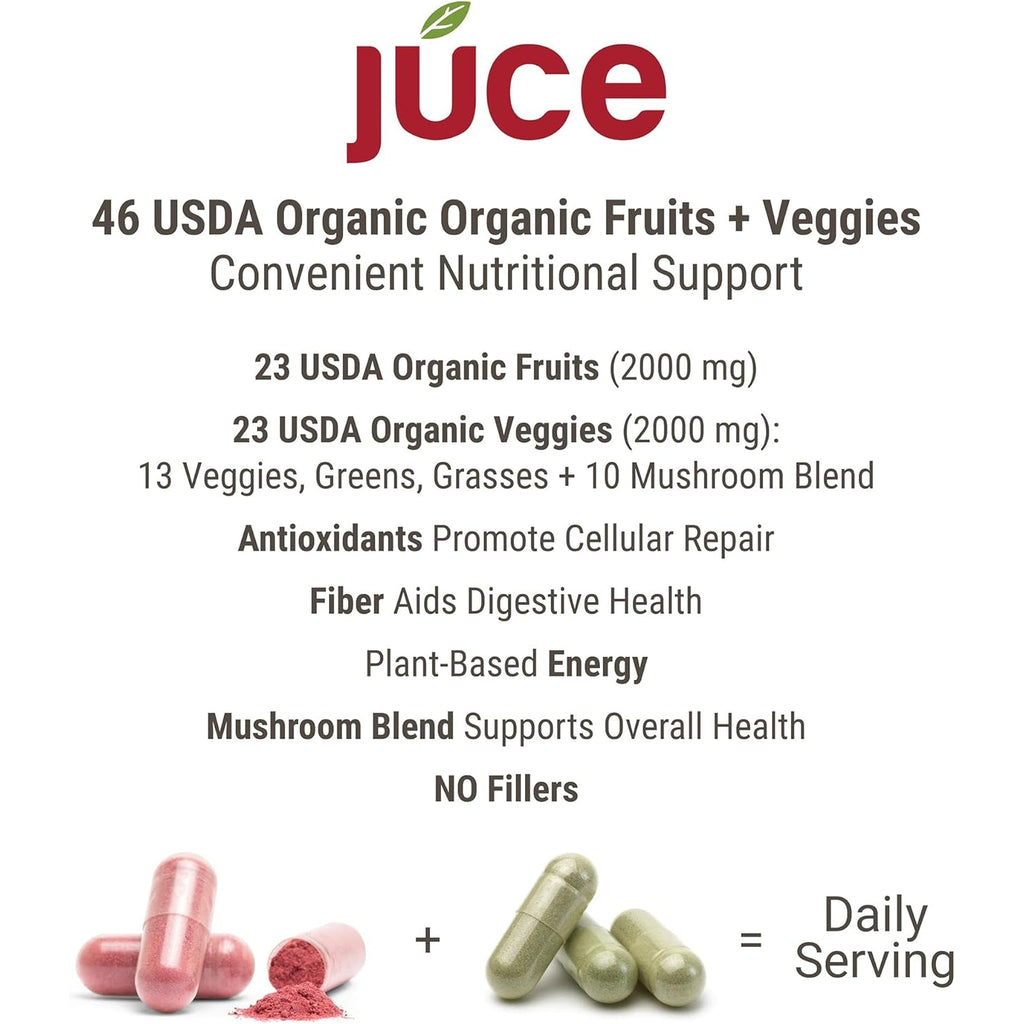 Juce Original Formula - Organic Super Fruit & Veggies Supplement - Gluten/Gelatin Free, Soy Free & Vegan- Reds & Greens Superfood Capsules- 23 Fruits & 23 Vegetables (180 Count)- by Terra Kai Organics