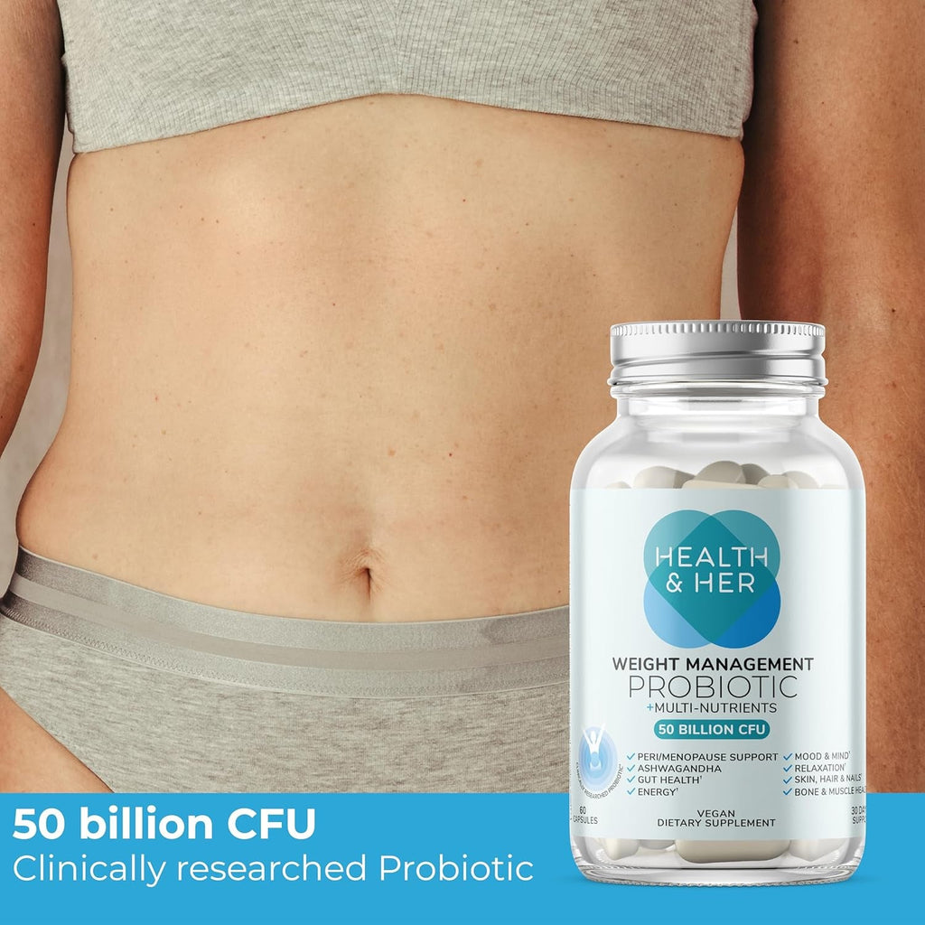 Health & Her Weight Management Probiotics for Women - Perimenopause & Menopause Supplement - Clinically Studied 50Bn CFU Probiotics to Support Gut Health, Energy, Mood & Mind, Vegan (60 Ct - 1 Month)