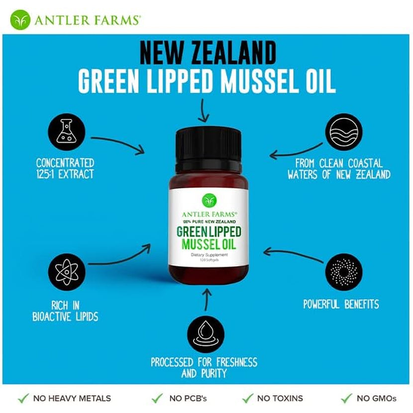 Antler Farms - 100% Pure New Zealand Green Lipped Mussel Oil, Equiv. to 12,500Mg, 120 Softgels - Powerful 125:1 Extract, 2 Month Supply