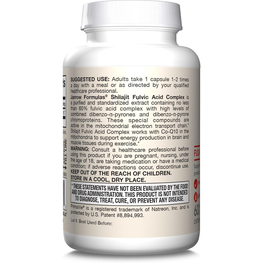 Jarrow Formulas® Shilajit 250 Mg, Dietary Supplement, Shilajit Acid Complex for Cellular Energy Production, 60 Veggie Capsules, 60 Day Supply