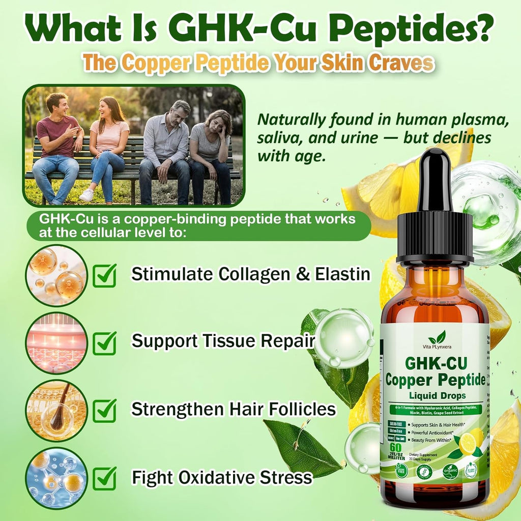Vita Plynxera GHK-CU Peptide Supplement Liquid Drops, Premium 6-In-1 GHK CU Copper Peptides W. Marine Collagen Hyaluronic Acid Biotin for Anti-Aging, Skin Hair Growth Support, Oral Drops丨Women Men