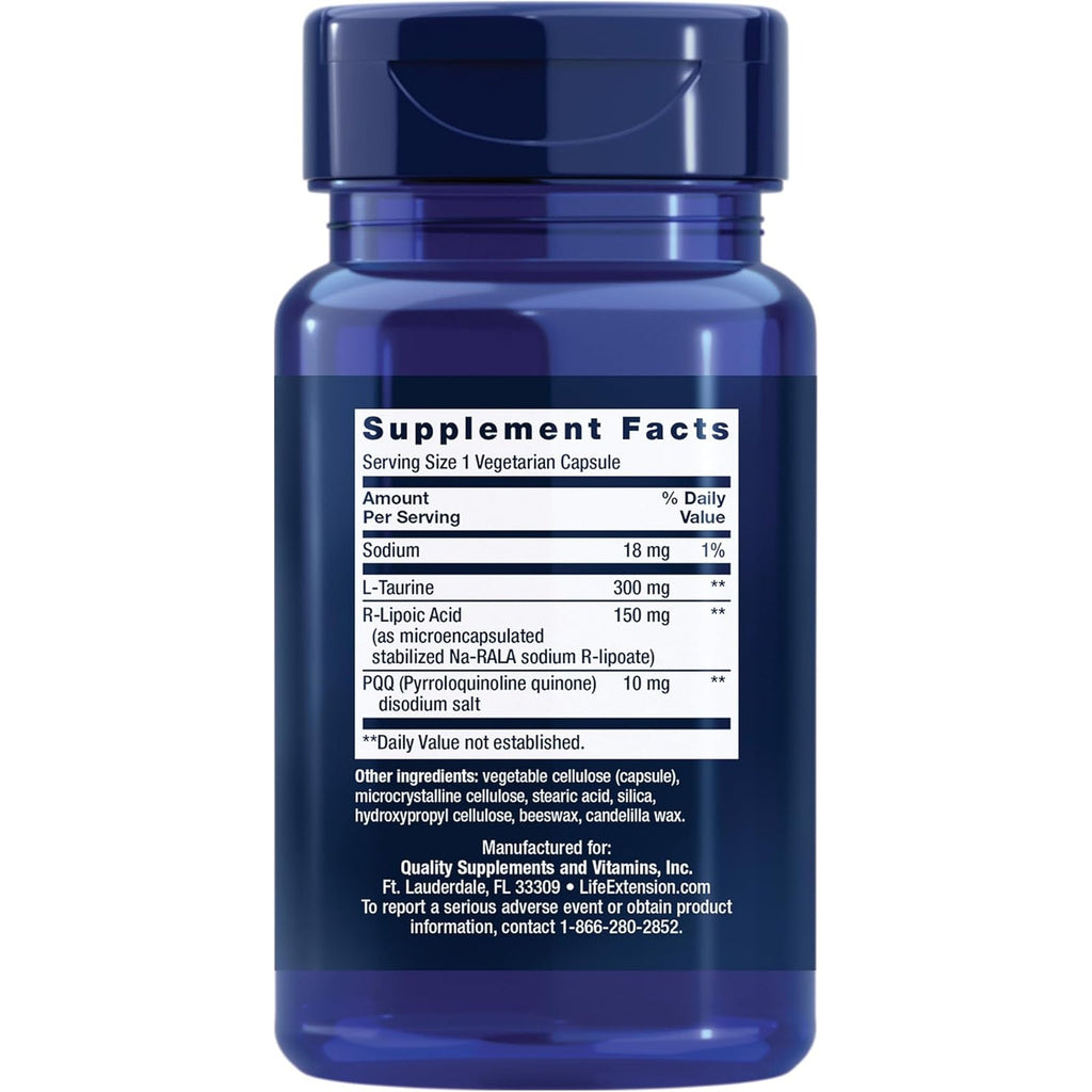 Life Extension Mitochondrial Basics with PQQ, L-Taurine, R-Lipoic Acid, Foundational Supplement for Cellular Energy Production, Brain and Heart Health, Gluten-Free, Non-Gmo, Vegetarian, 30 Capsules