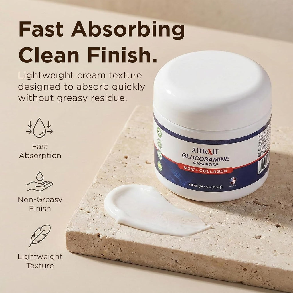 Glucosamine plus Chondroitin Cream with MSM & Collagen, Supports Healthy Joints, Joint & Muscle Pain Relief, Improves Mobility, Fast Absorption, and Moisturizes Skin, 4 Oz.