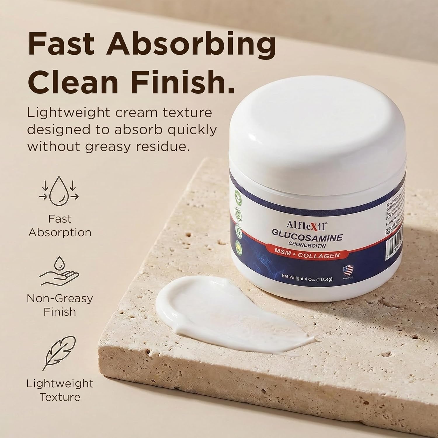 Glucosamine plus Chondroitin Cream with MSM & Collagen, Supports Healthy Joints, Joint & Muscle Pain Relief, Improves Mobility, Fast Absorption, and Moisturizes Skin, 4 Oz.