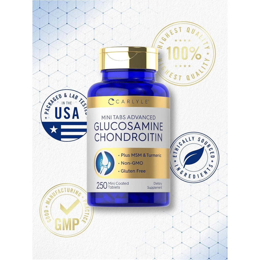 Carlyle Glucosamine Chondroitin MSM | 250 Mini Tablets | Advanced Formula with Turmeric | Non-Gmo, Gluten Free
