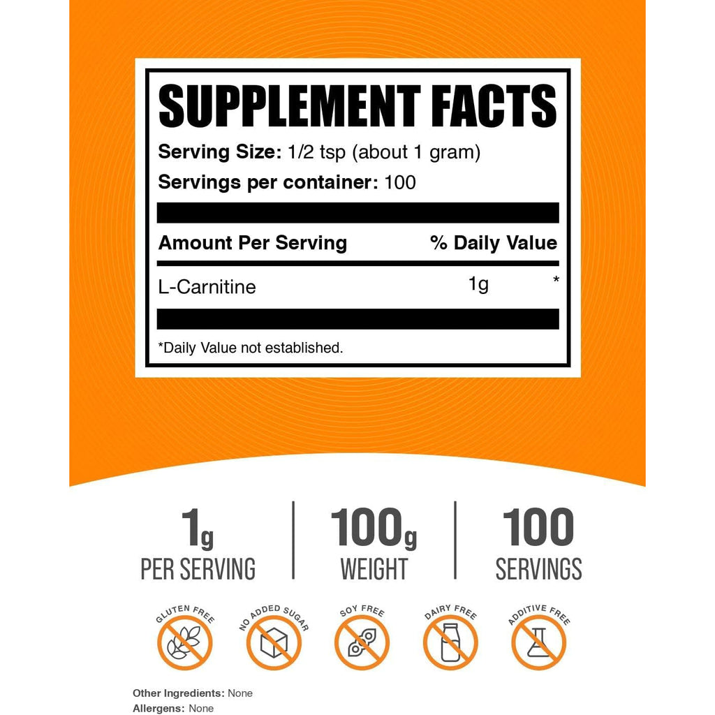 Bulksupplements.Com L-Carnitine Powder - Carnitine Supplement, Amino Acid Supplement - Unflavored & Gluten Free, 1G per Serving, 100G (3.5 Oz) (Pack of 1)