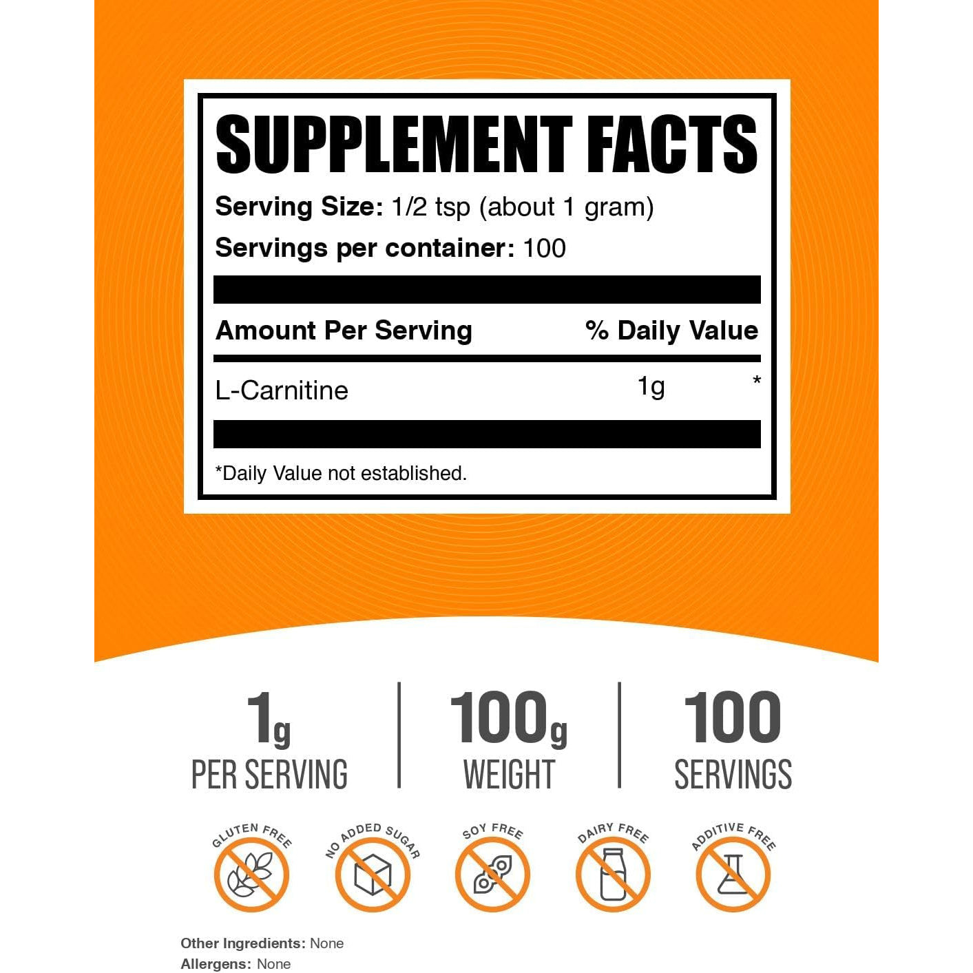 Bulksupplements.Com L-Carnitine Powder - Carnitine Supplement, Amino Acid Supplement - Unflavored & Gluten Free, 1G per Serving, 100G (3.5 Oz) (Pack of 1)