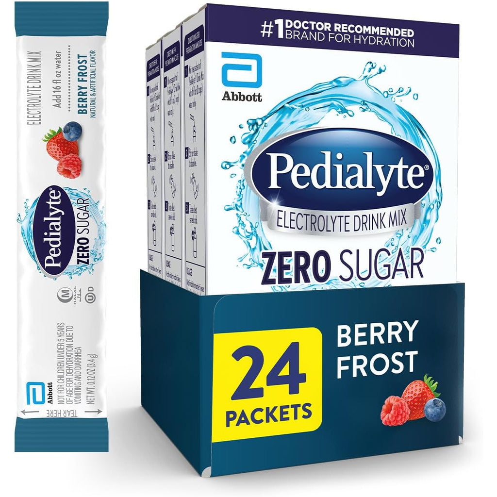 Pedialyte Electrolyte Drink Mix with Zero Sugar | Hydration with Key Electrolytes | Great Hydration Low in Calories | Berry Frost, 24 Powder Packets