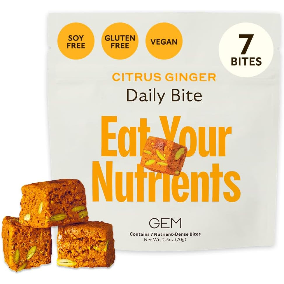 GEM Daily Bite for Women & Men, with 20+ Vitamins, Minerals, & Superfoods like Zinc, Vitamin D, B-Complex, K, Turmeric, Fiber & Prebiotics, Beta Glucan GLP-1 Support & Immunity (Citrus Ginger,7 Count)
