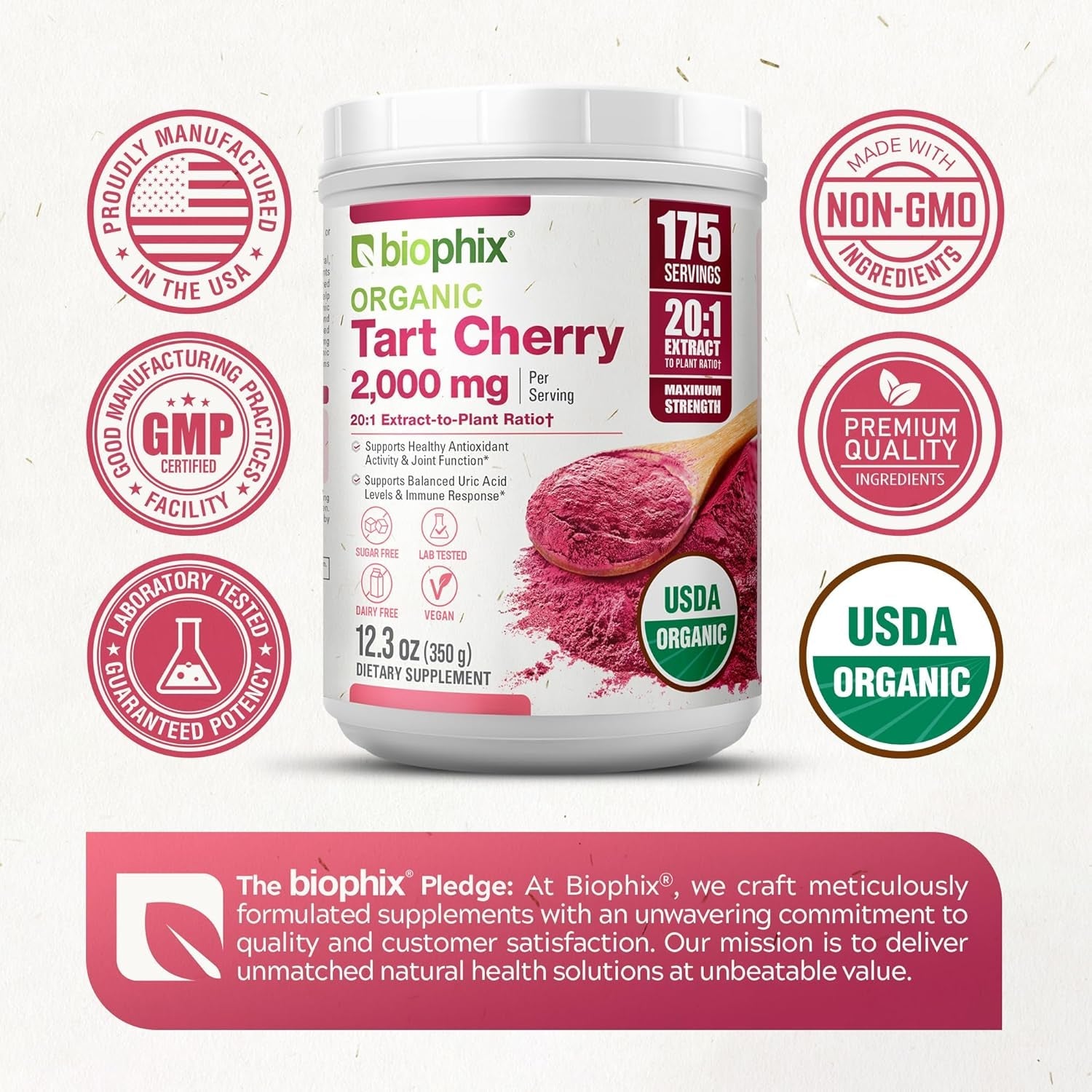 Biophix Tart Cherry Powder Organic USDA 20:1 Extract 12.3 Oz 350 G - Antioxidant-Rich Superfood - Supports Heart Health - Digestive Health - Natural Flavor - No Sugar Added