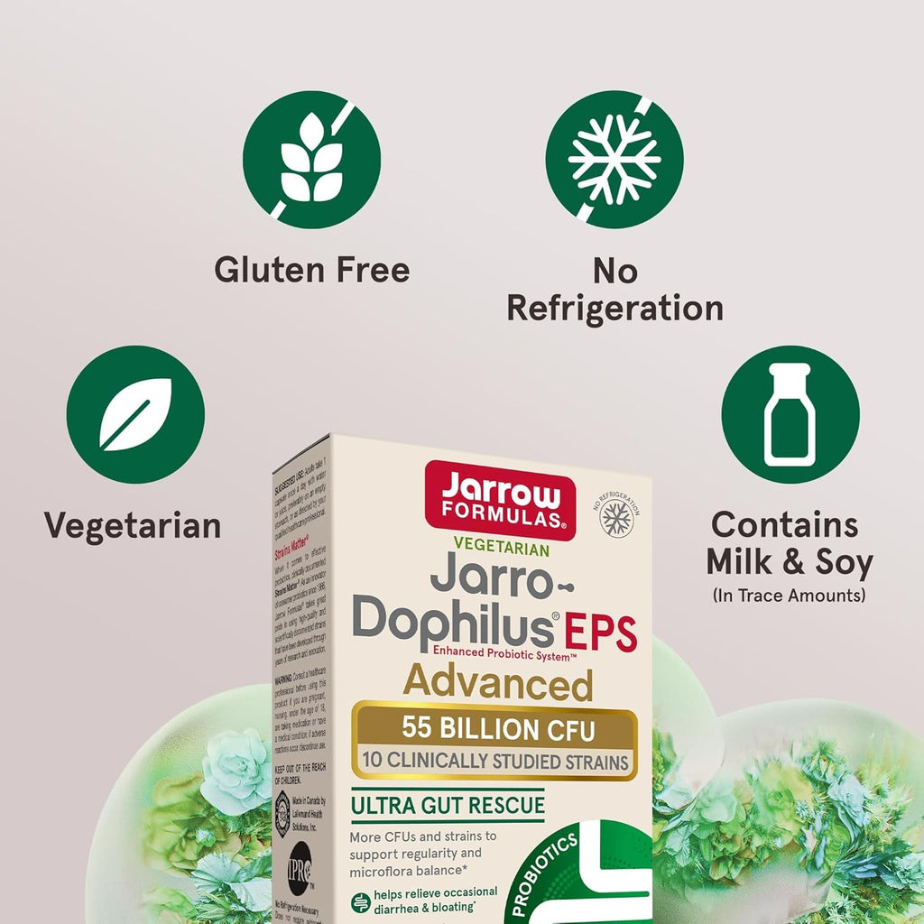 Jarrow Formulas Jarro-Dophilus EPS Advanced, 55 Billion CFU Probiotics, Digestive Support for Adults, 30 Probiotic Supplement Veggie Capsules, up to 30 Day Supply