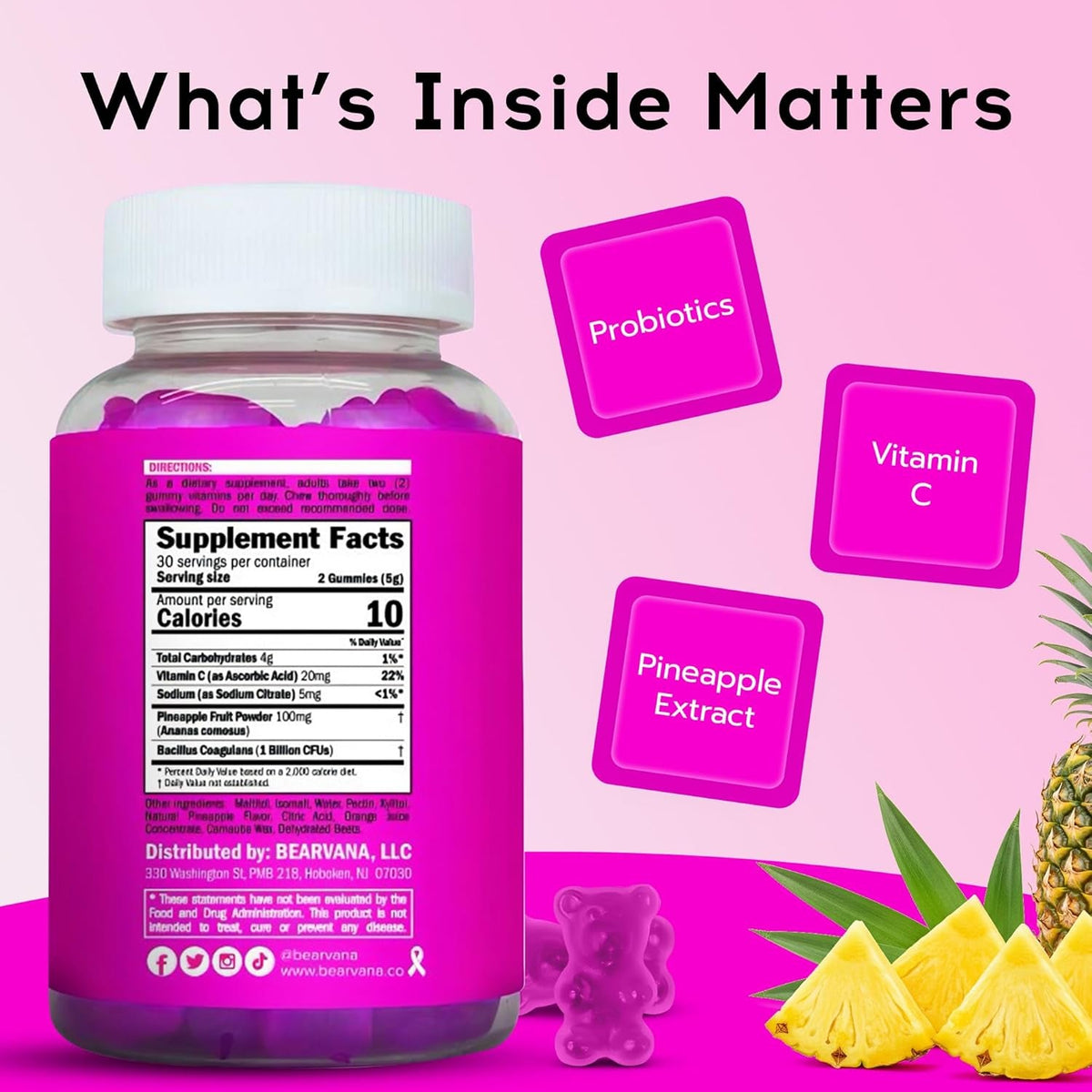 BEARVANA Vaginal Ph Support & Probiotic Gummies for Women | Feminine Wellness & Intimate Care Supplement with Vitamin C | Pineapple Flavor | 60 Gummies
