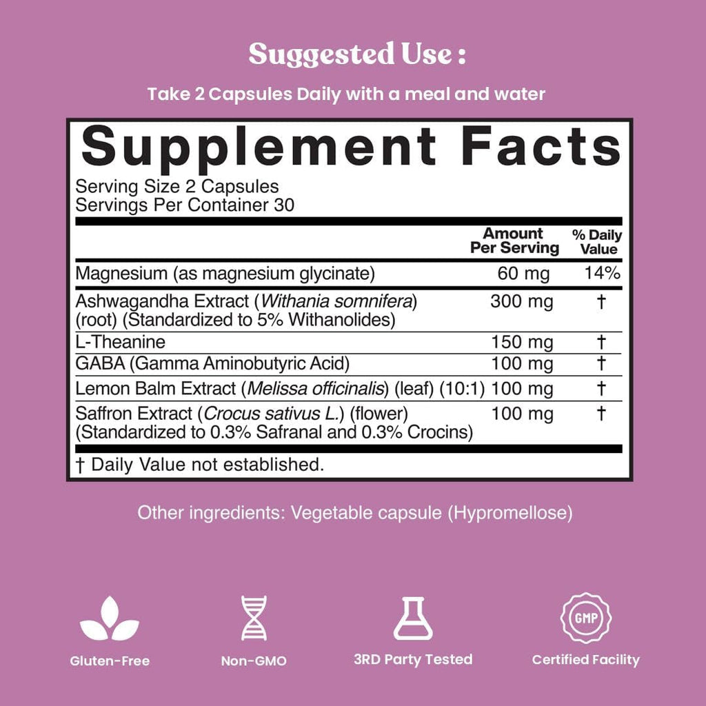 American Standard Supplements Saffron Extract 100Mg per Serving with Magnesium Glycinate, Ashwagandha, L-Theanine, GABA, Lemon Balm, Vegan, Non-Gmo, 60 Capsules