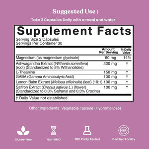 American Standard Supplements Saffron Extract 100Mg per Serving with Magnesium Glycinate, Ashwagandha, L-Theanine, GABA, Lemon Balm, Vegan, Non-Gmo, 60 Capsules