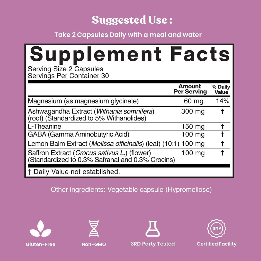 American Standard Supplements Saffron Extract 100Mg per Serving with Magnesium Glycinate, Ashwagandha, L-Theanine, GABA, Lemon Balm, Vegan, Non-Gmo, 60 Capsules