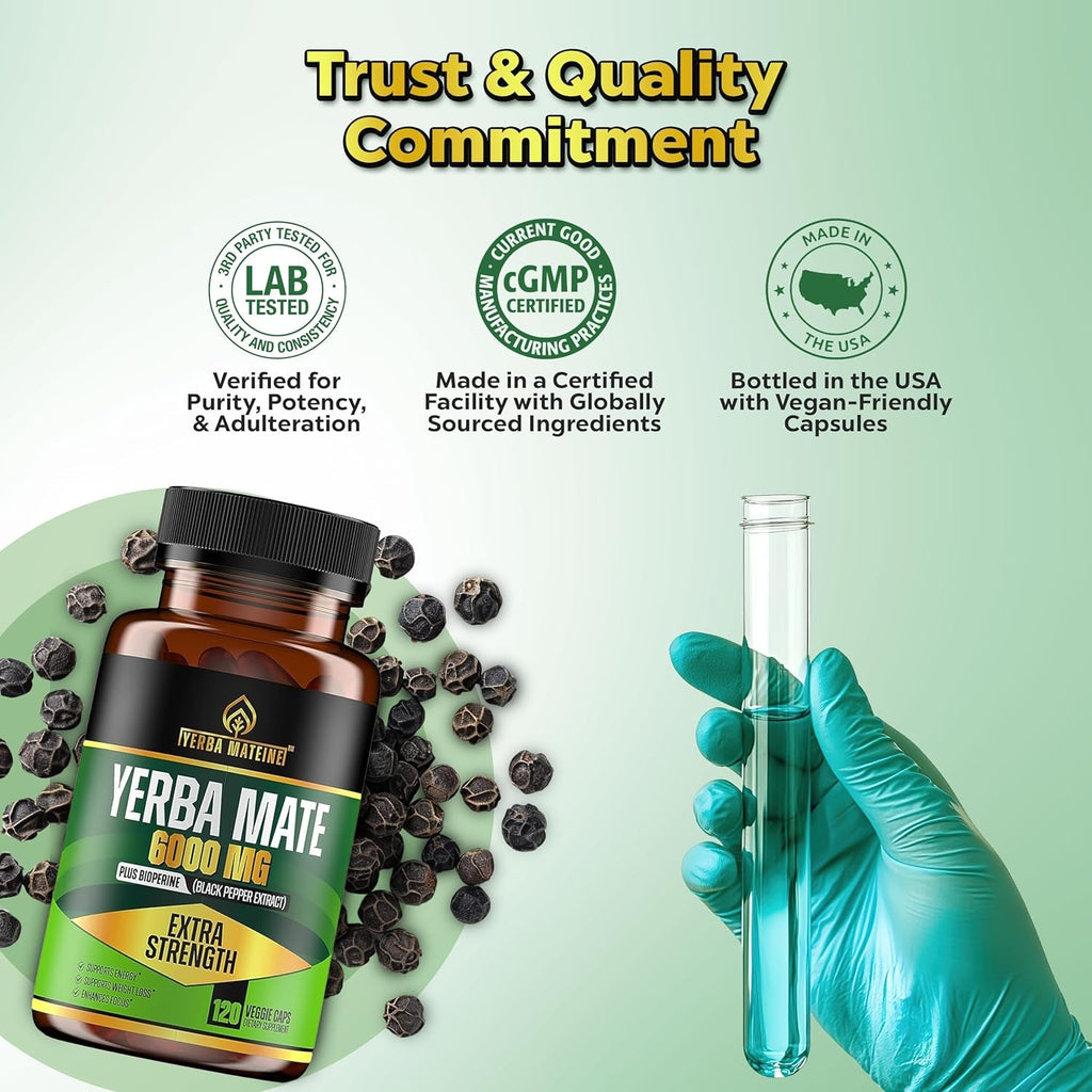 Extra Strength Yerba Mate High Potency, 60Mg Caffeine per Capsule, Extract Pills Supplements for Clean Natural Energy, Made in USA - 120 Caps