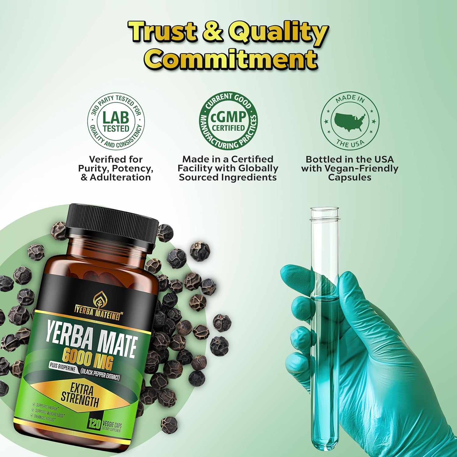 Extra Strength Yerba Mate High Potency, 60Mg Caffeine per Capsule, Extract Pills Supplements for Clean Natural Energy, Made in USA - 120 Caps